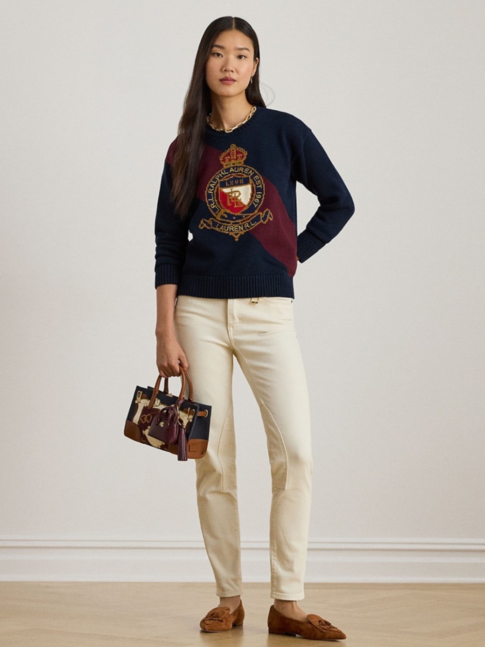 Ralph Lauren Navy Crewneck Sweater with Burgundy Diagonal and Crest - Picture 2 of 5
